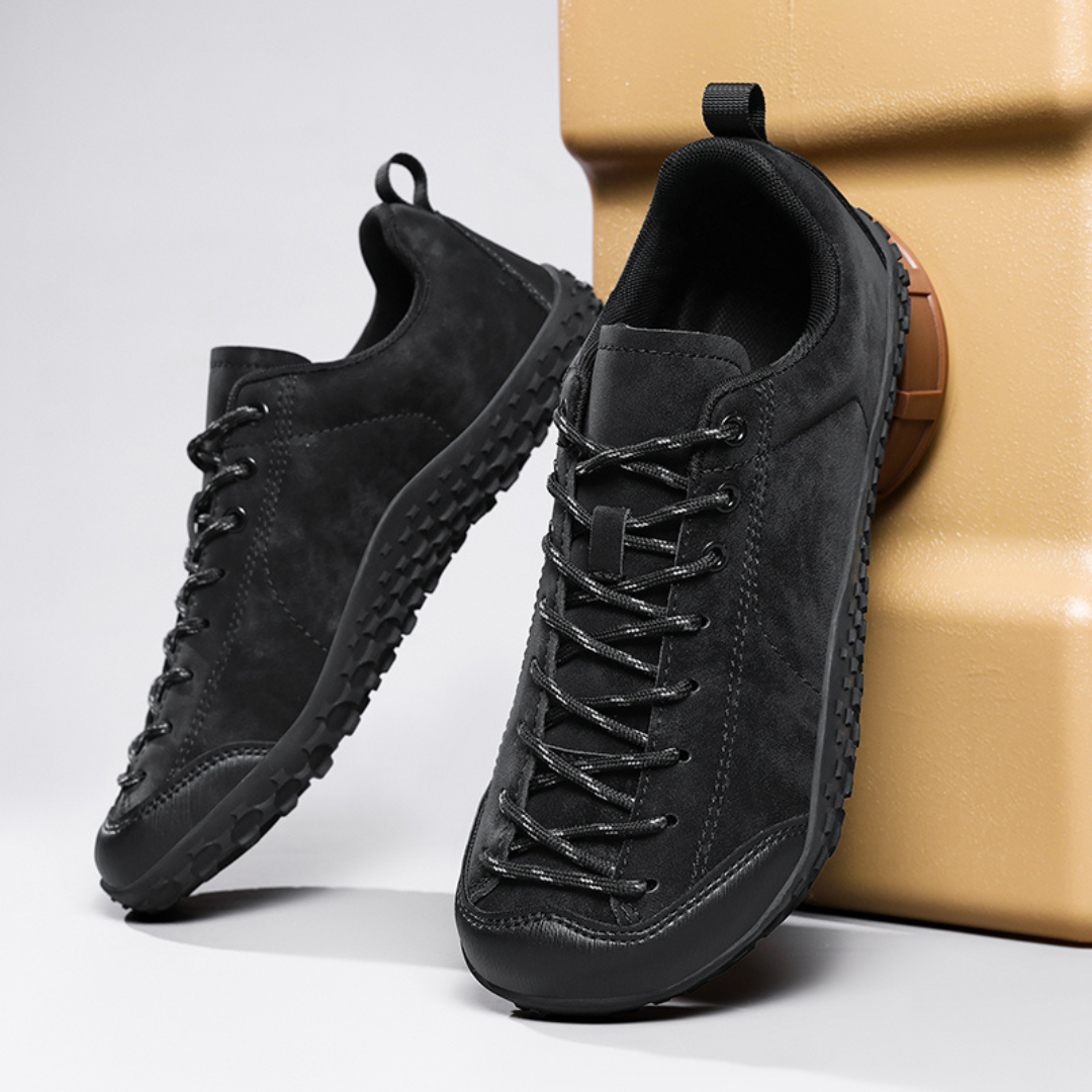 Close-up of the wide toe box on men's barefoot hiking shoes