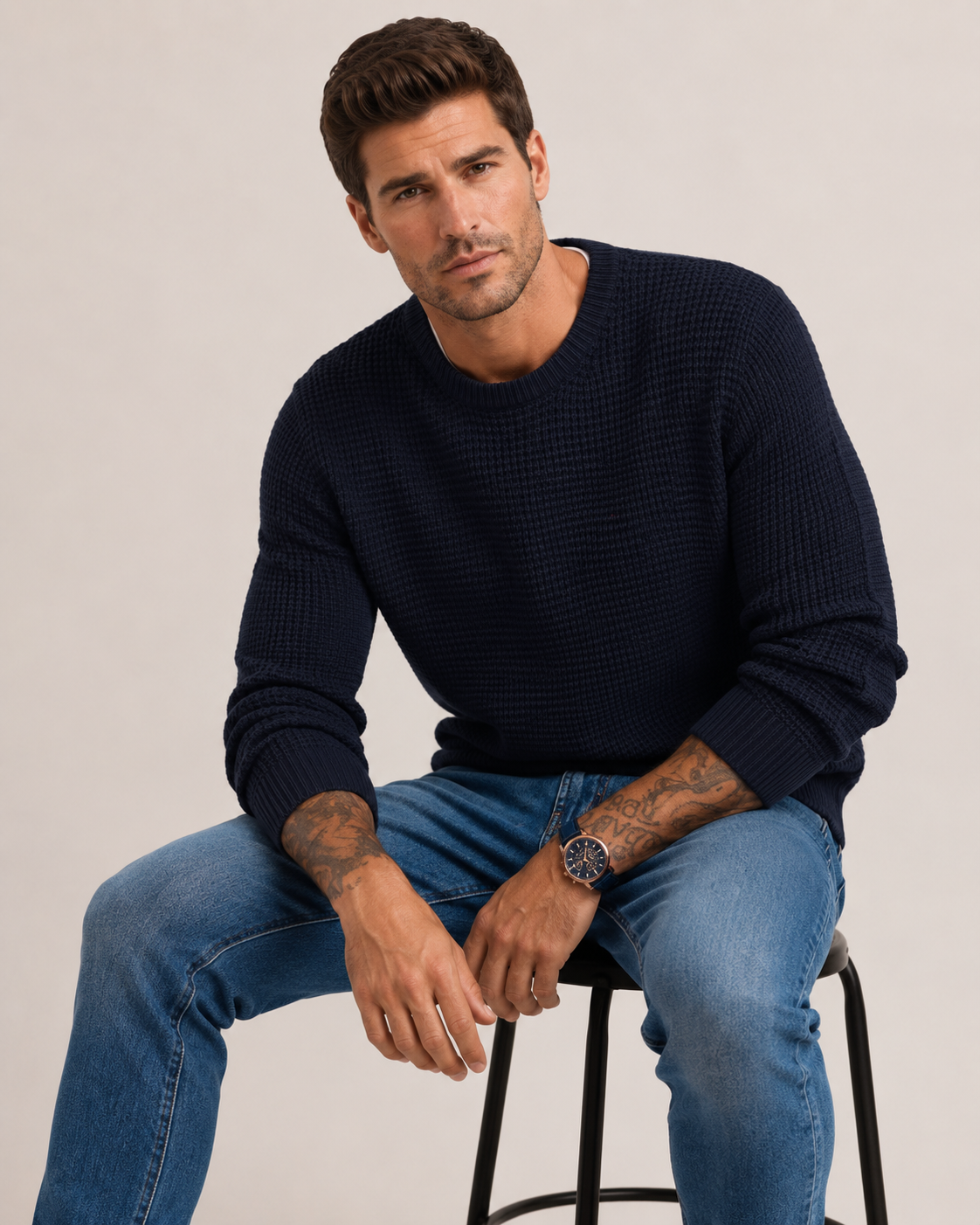 Full view of a structured knit pullover for everyday layering