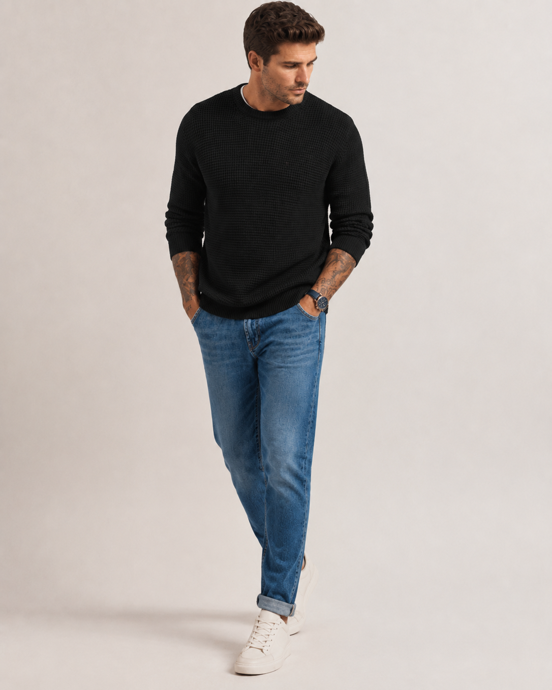 Detail view of the neckline on a structured knit pullover