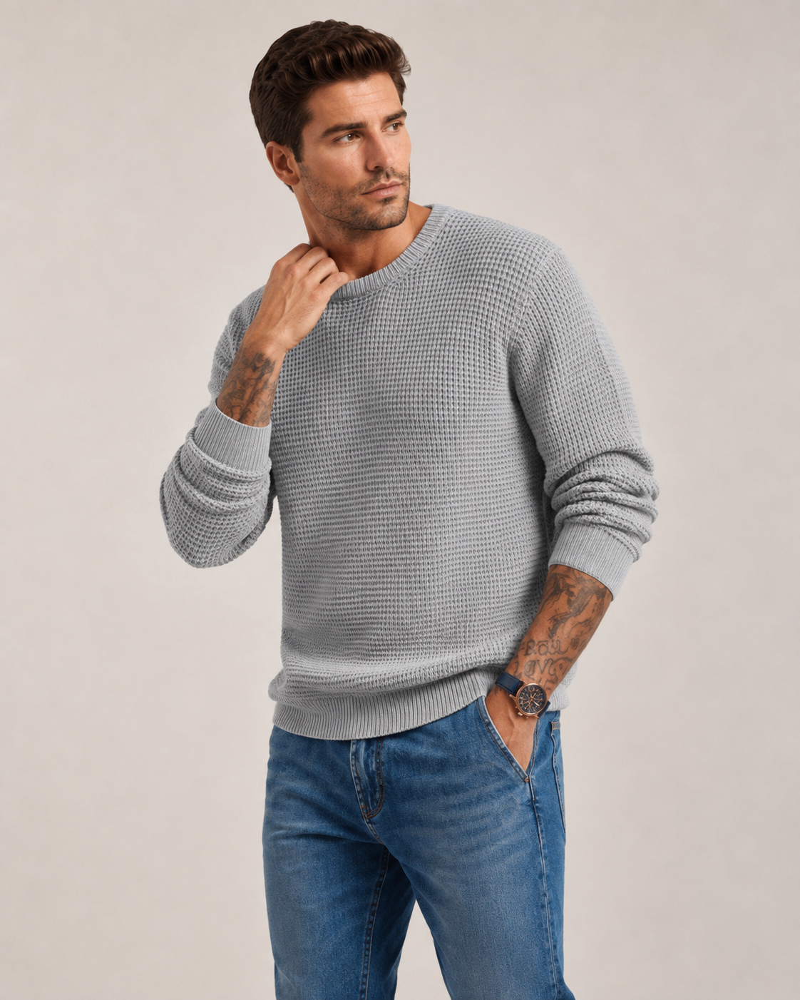 Close-up of the structured knit texture on a men's pullover
