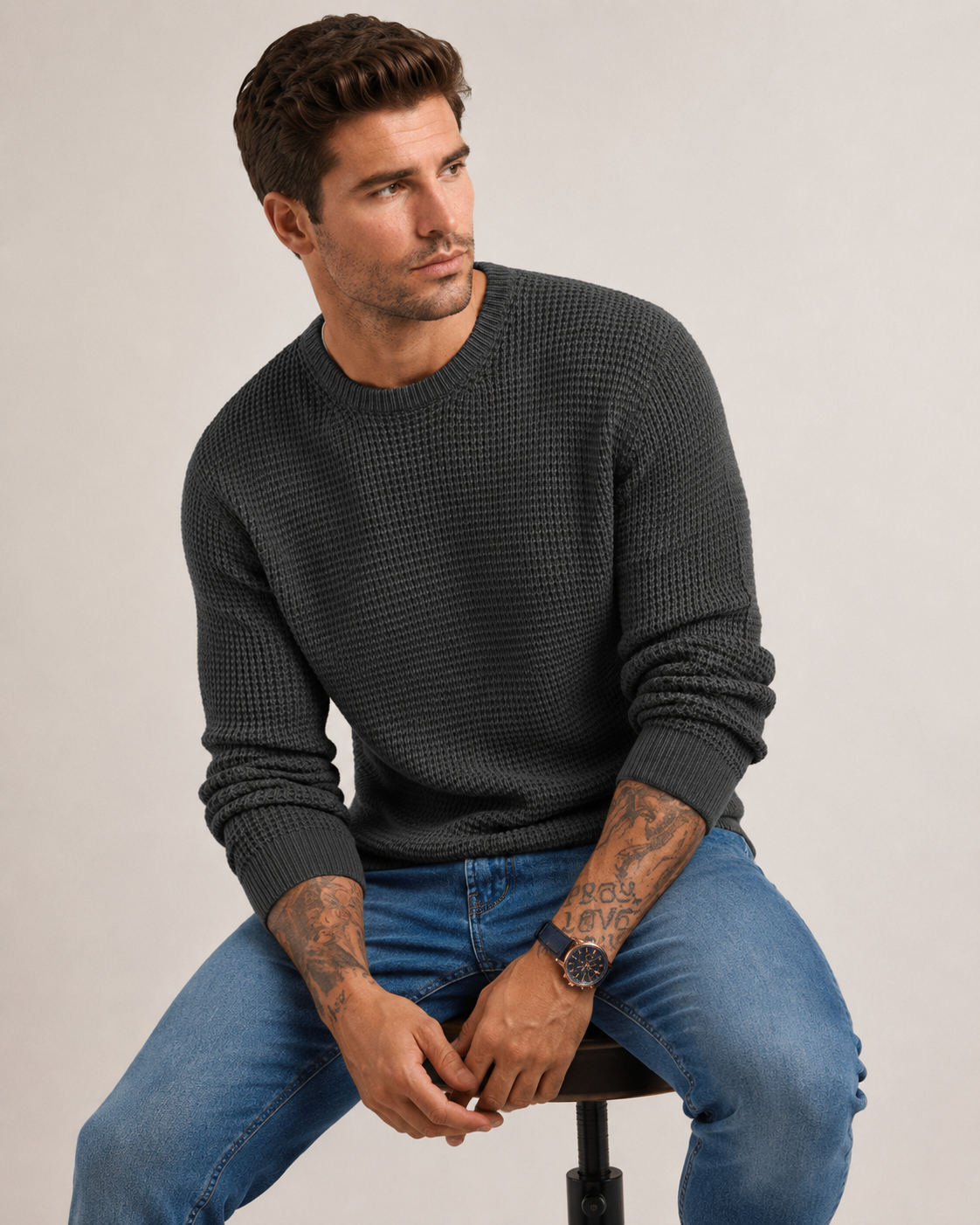Back view of the structured knit men's pullover