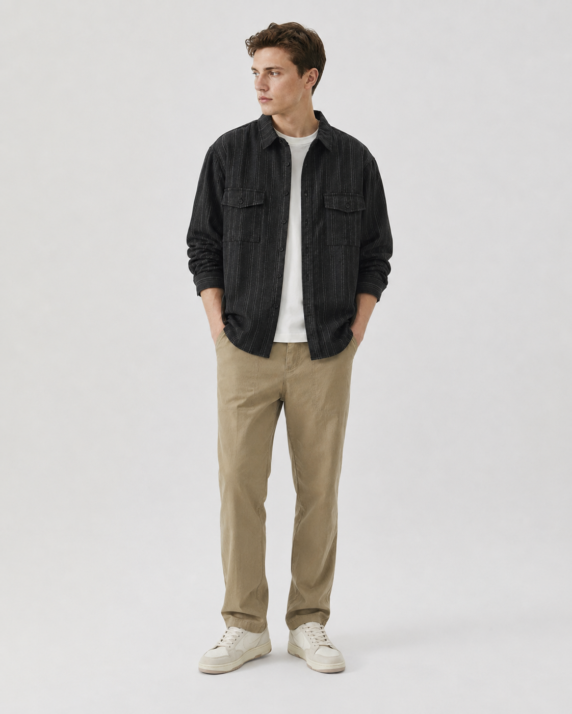 Side view of the textured button-up overshirt