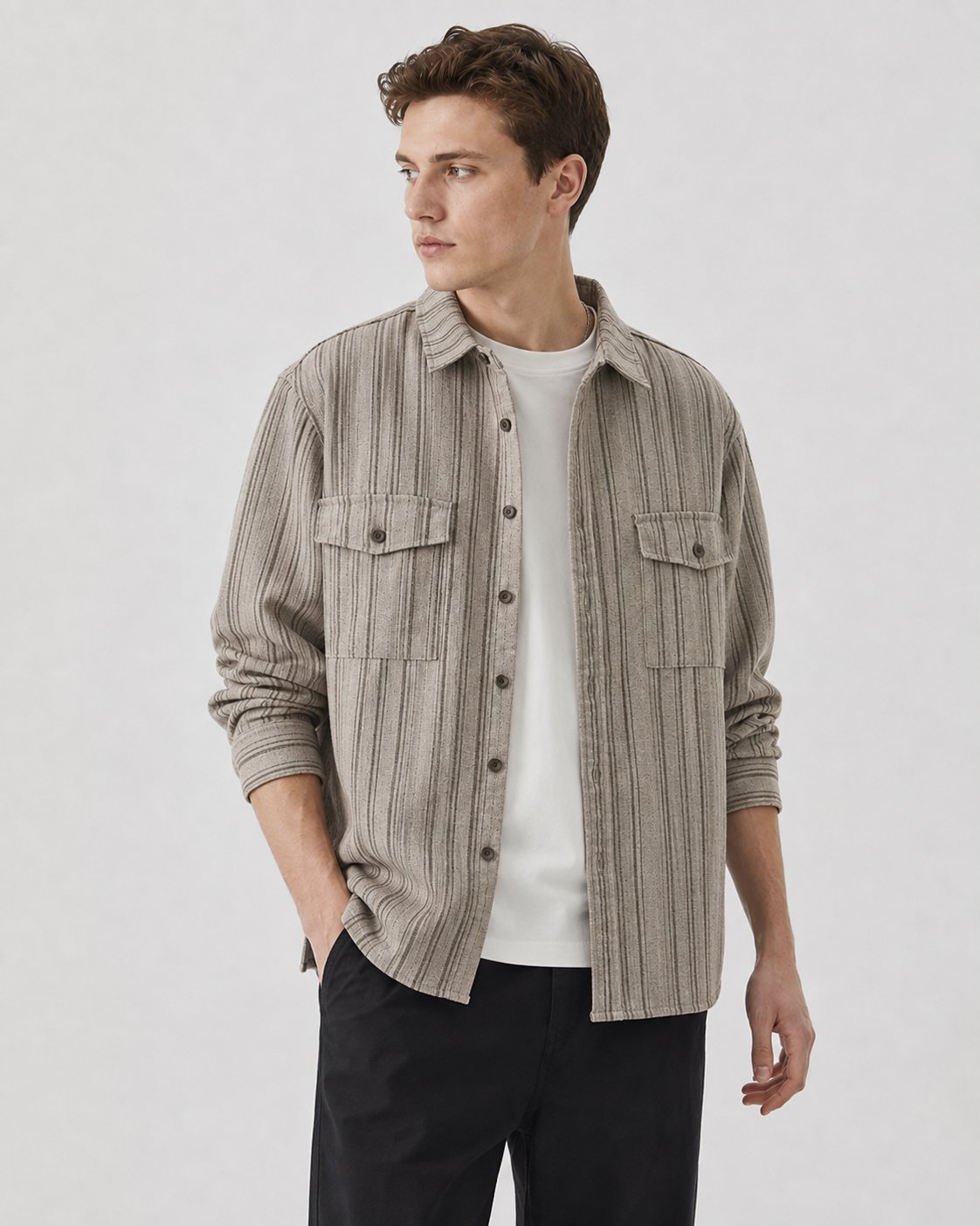 Close-up view of the overshirt's textured fabric