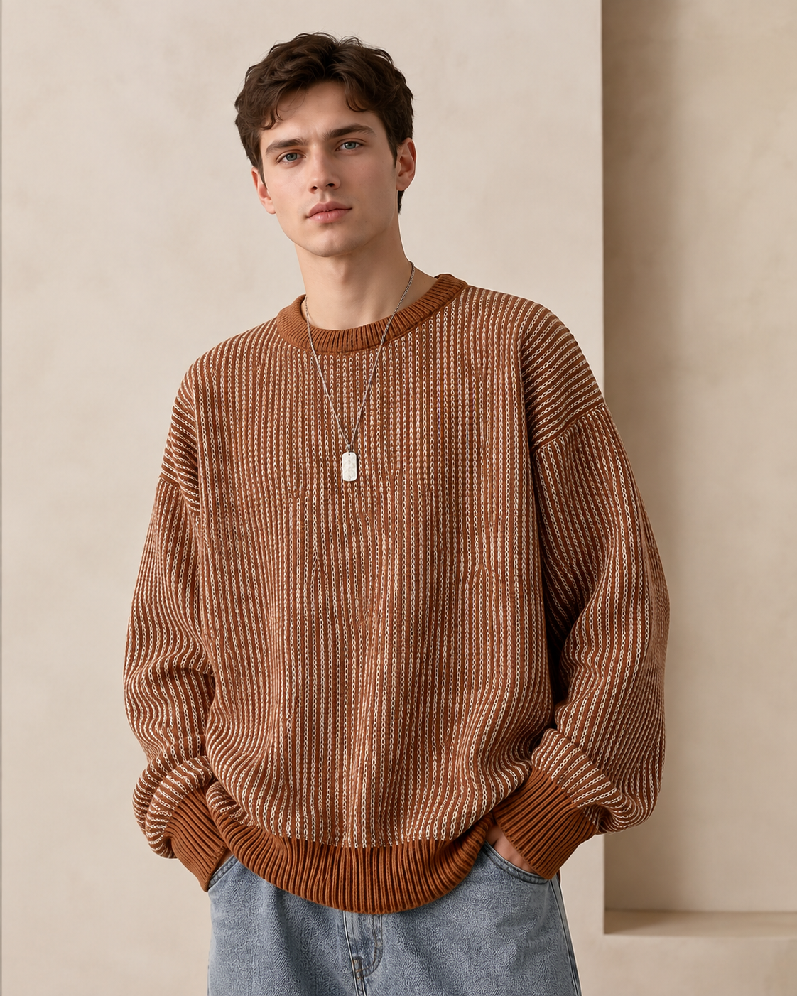 Sleeve and cuff detail on a textured stripe sweater