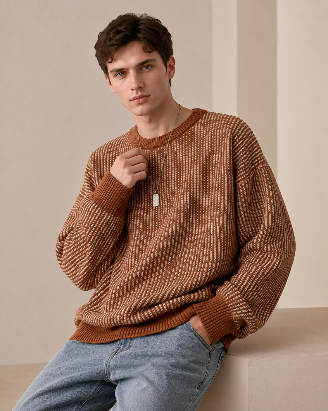 Full-length view of a model wearing the crewneck sweater