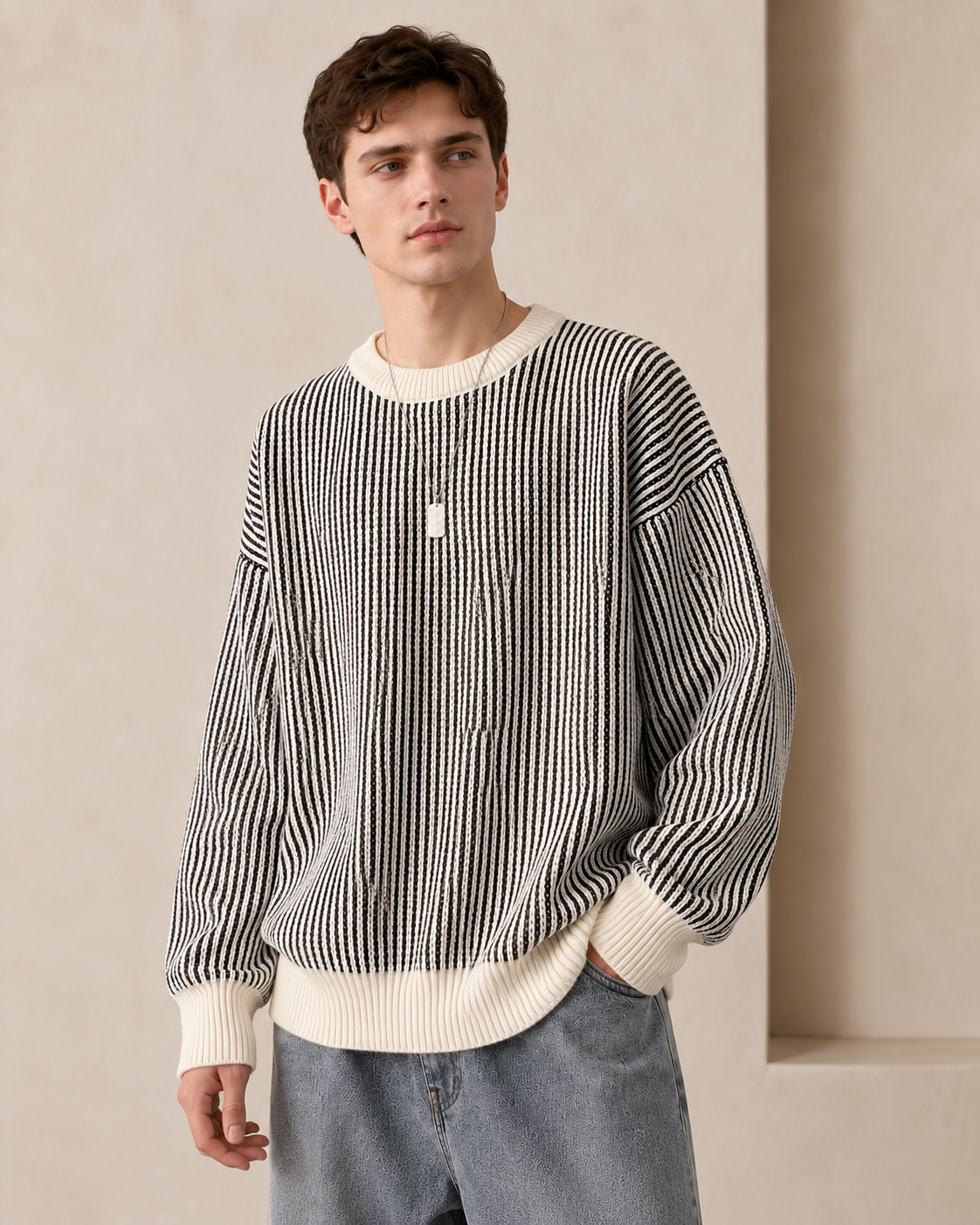 Side view of a men's textured stripe crewneck sweater