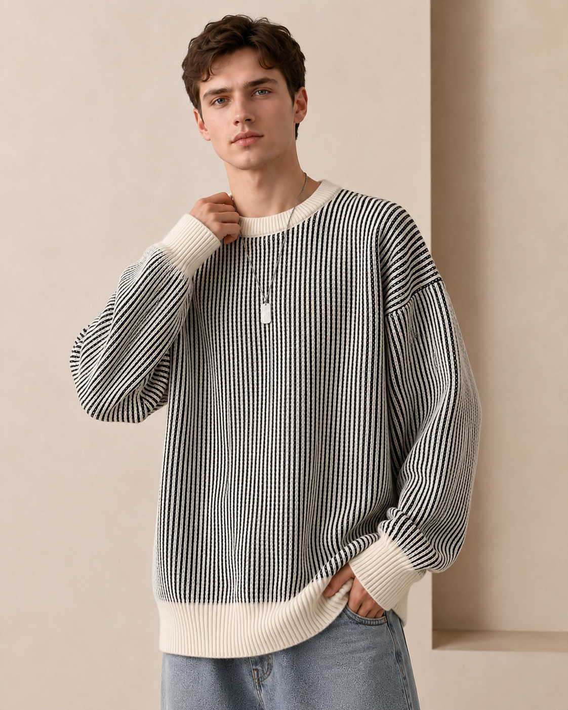 Crewneck neckline and ribbed trim on a textured stripe sweater