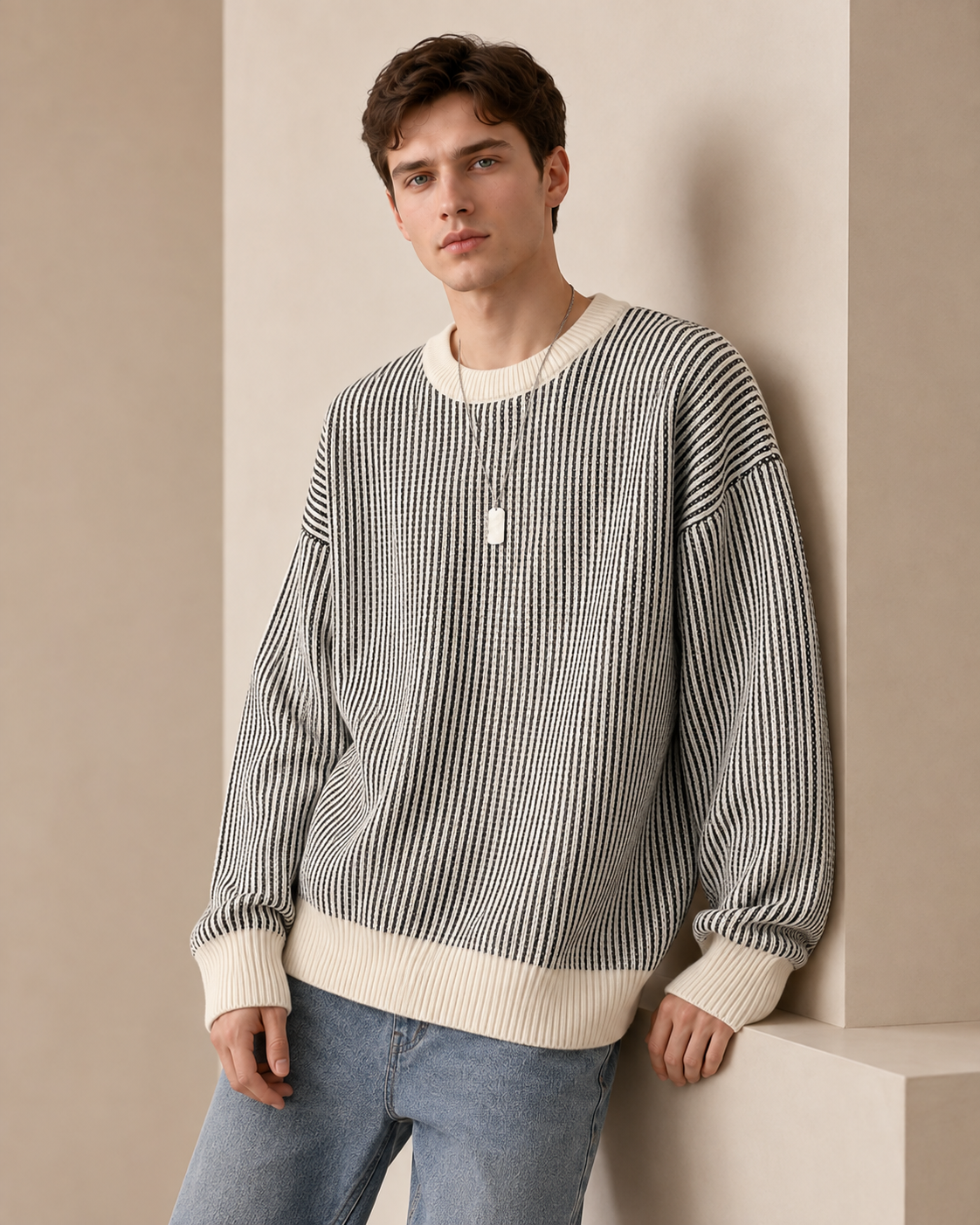 Back view of the textured stripe crewneck sweater