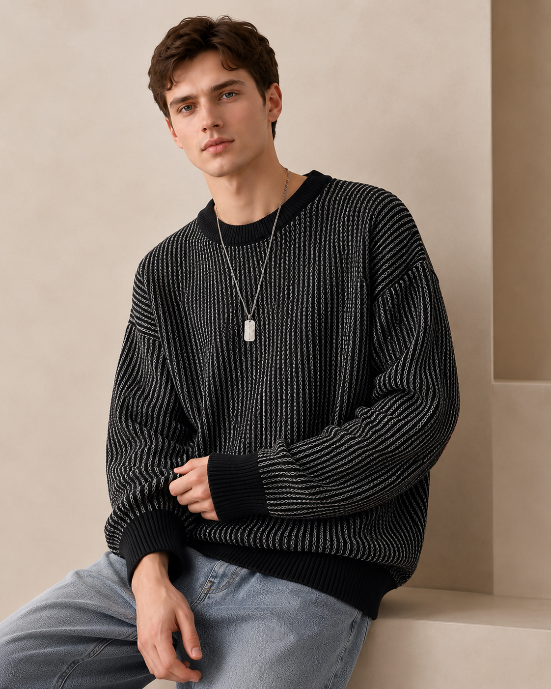 Men's textured stripe crewneck sweater on a model