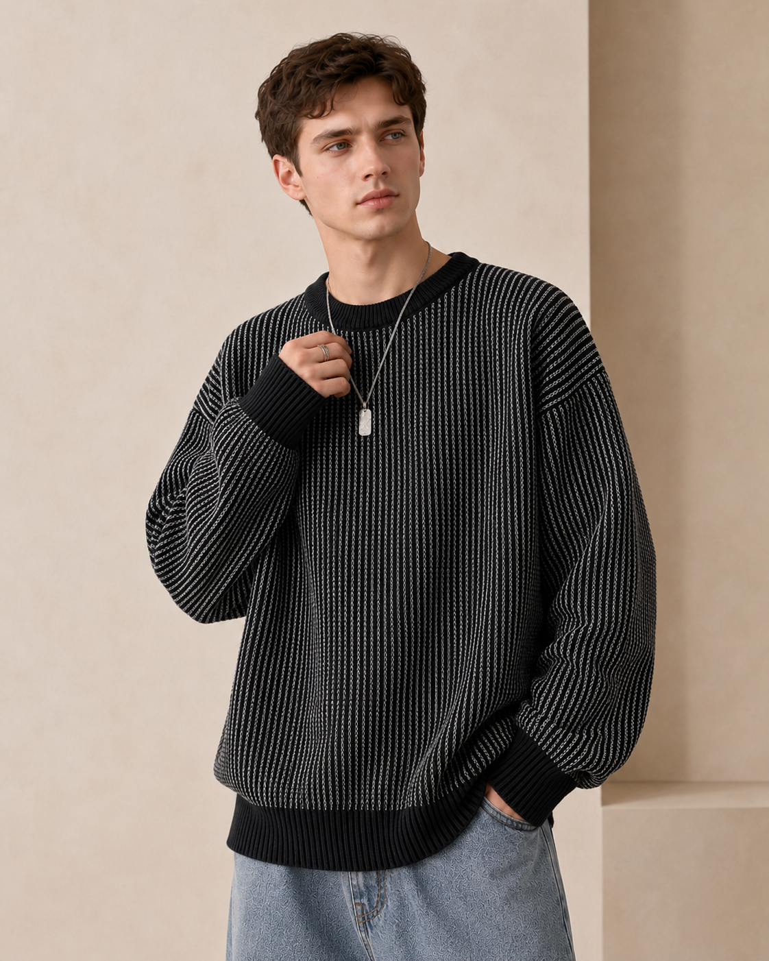 Textured Stripe Crewneck Sweater