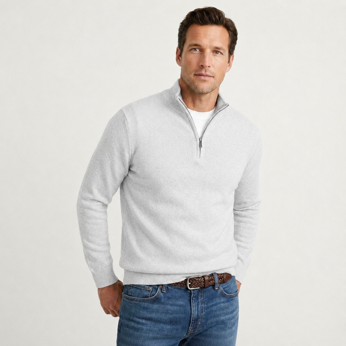 Men's stand collar pullover sweater highlighting the quarter-zip neckline
