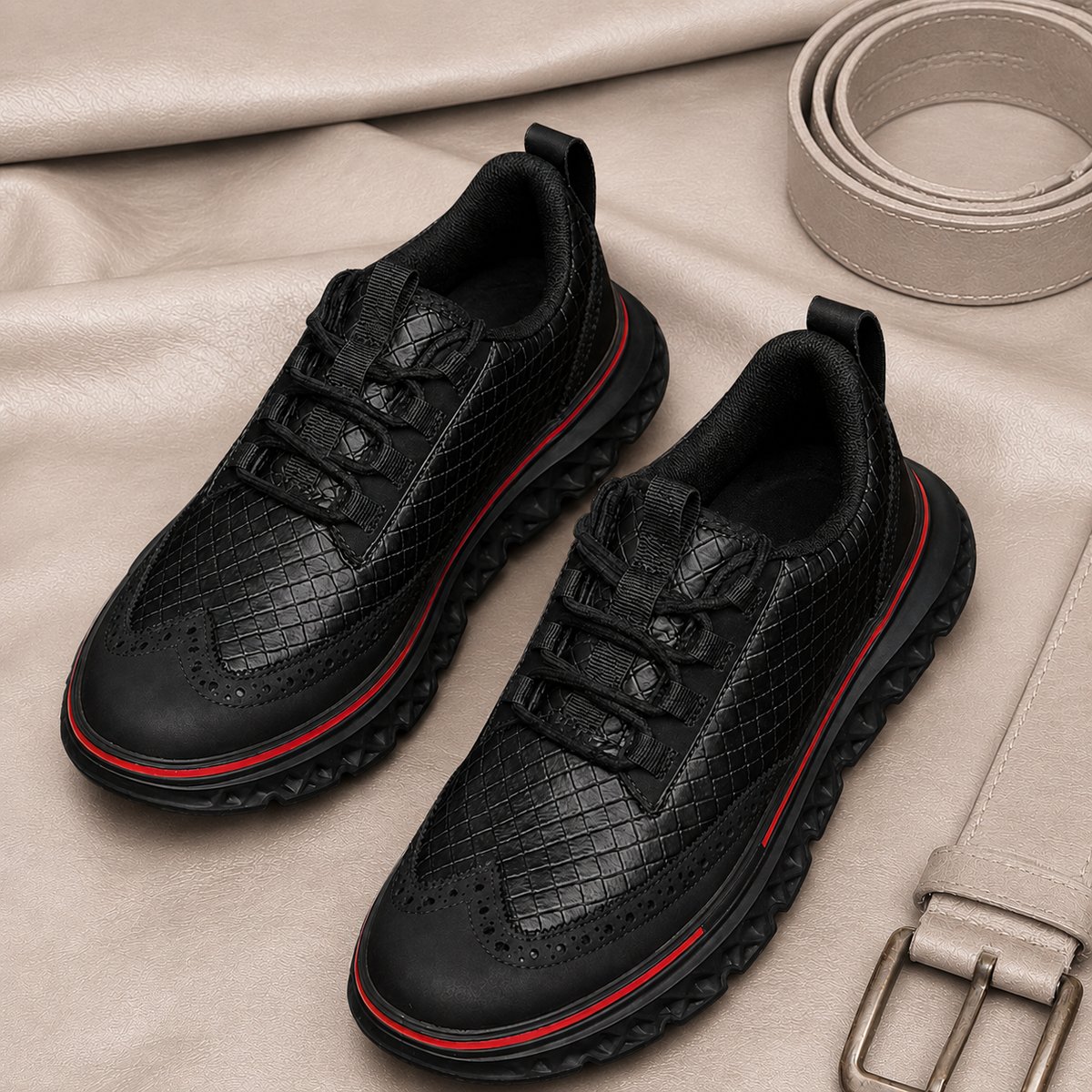 Sculpted sole profile on textured brogue sneakers