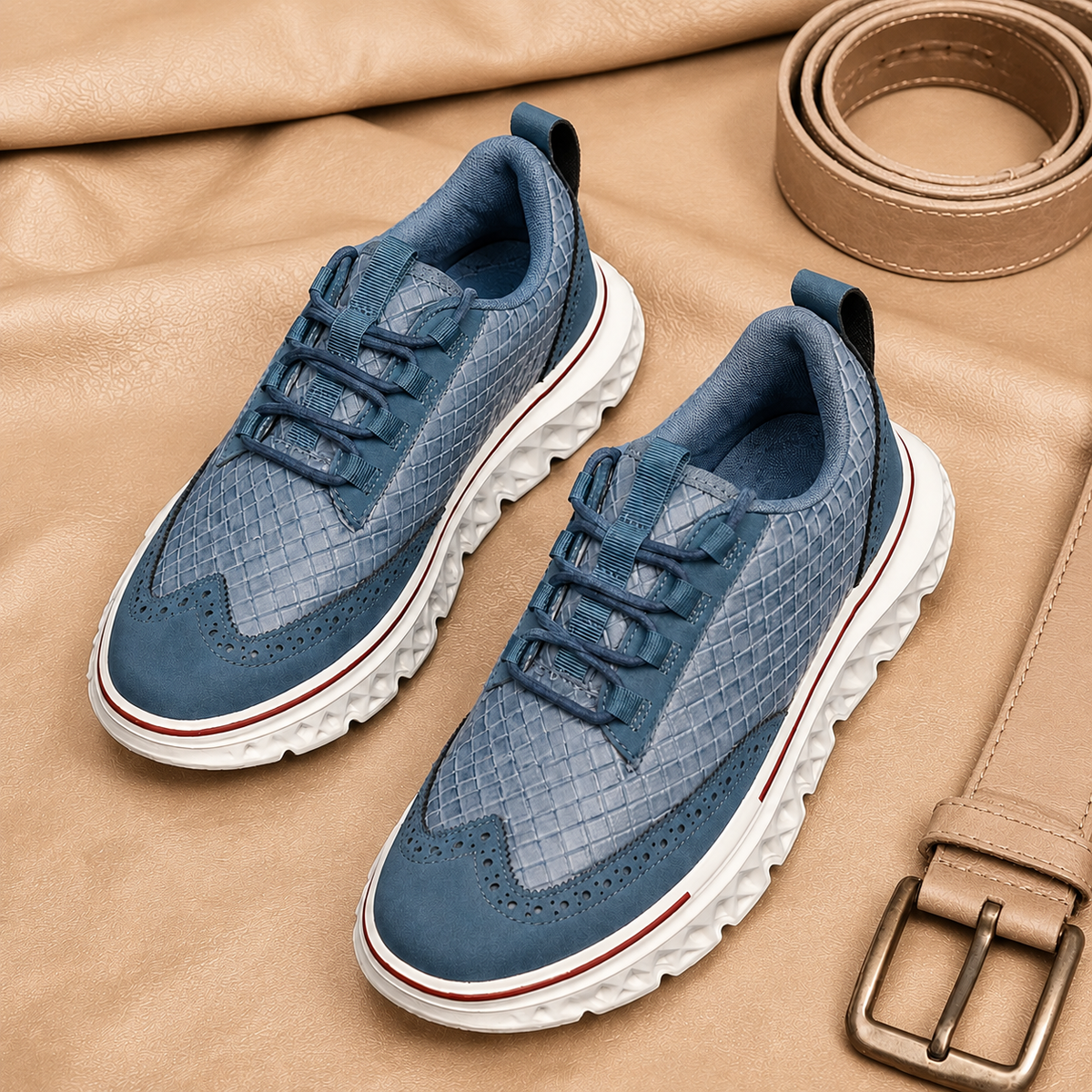Rear view of textured sneakers with a sculpted sole