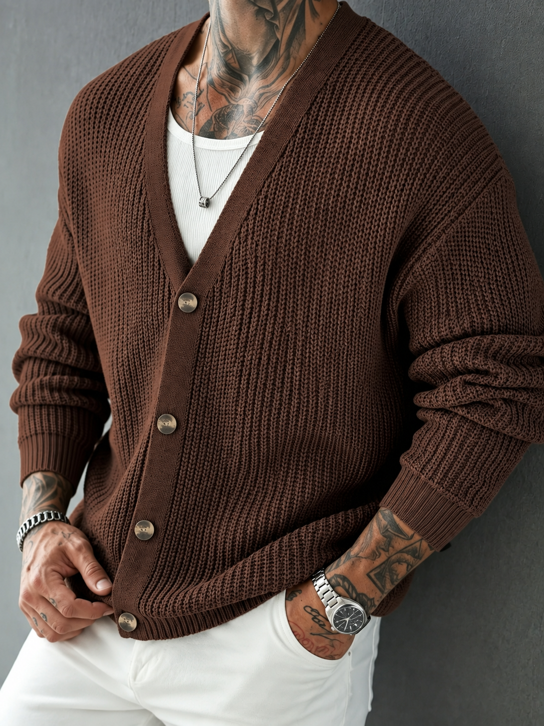 Chunky Ribbed V Neck Button Cardigan