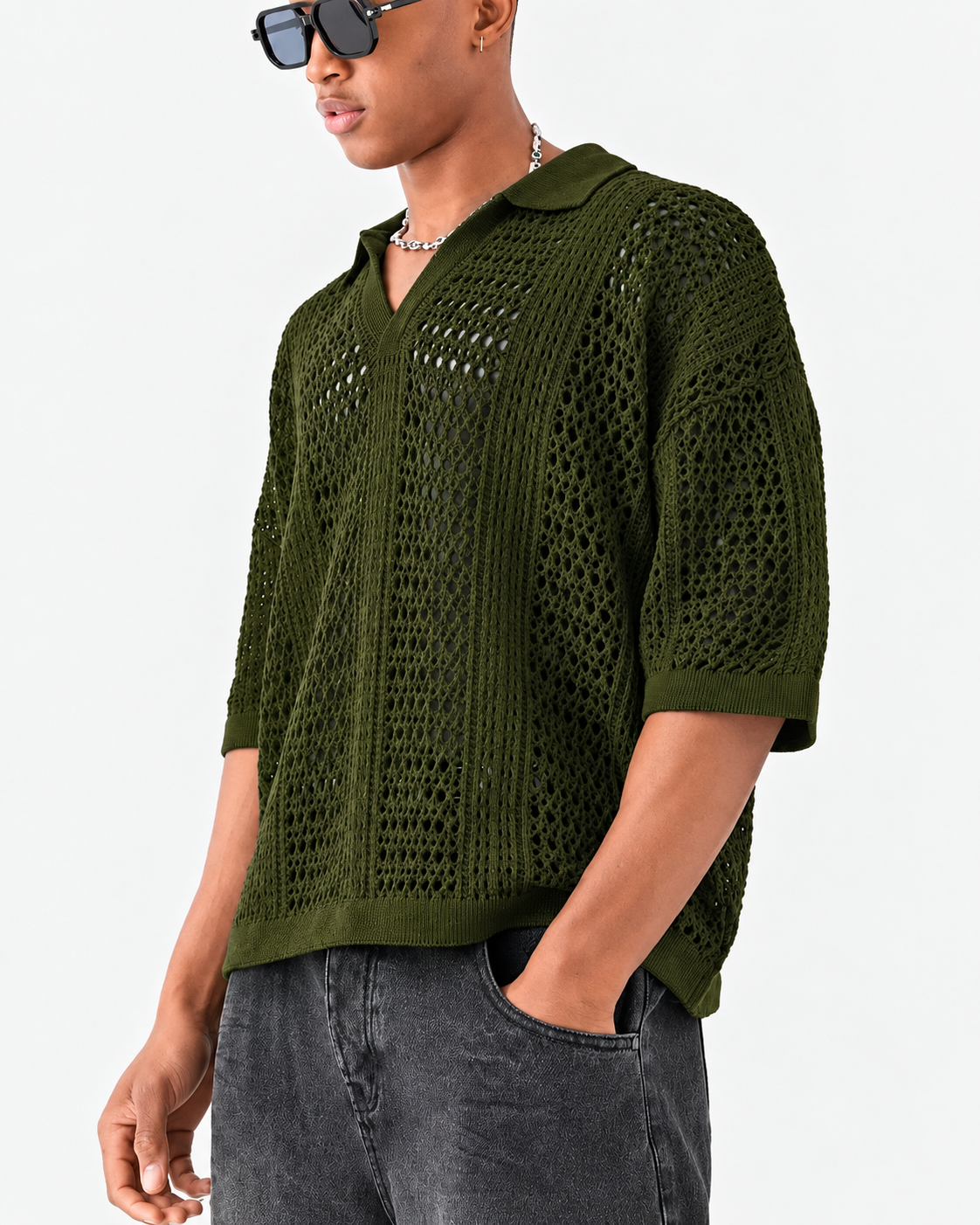 Open-knit lattice polo shirt shown from the front