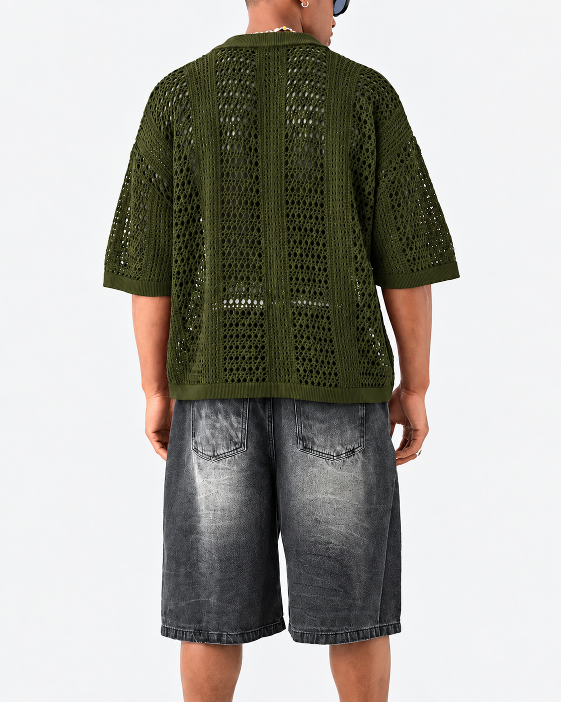 Close-up of the open-knit lattice shirt texture