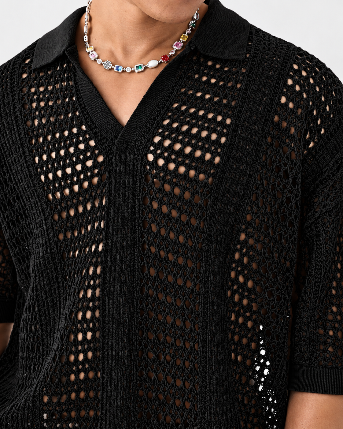 Men's lattice polo shirt styled for casual wear