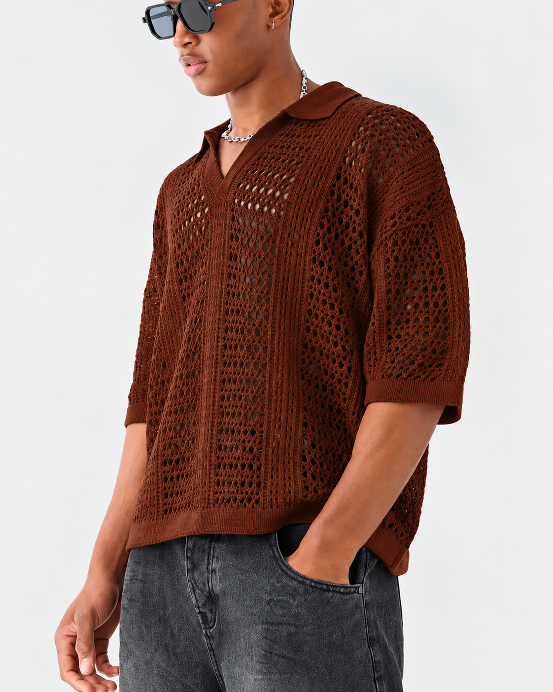 Open-Knit Lattice Polo Shirt