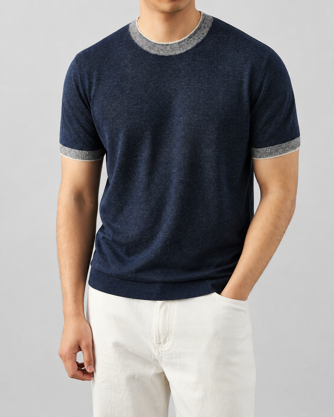 Detail view of the cotton tee neckline
