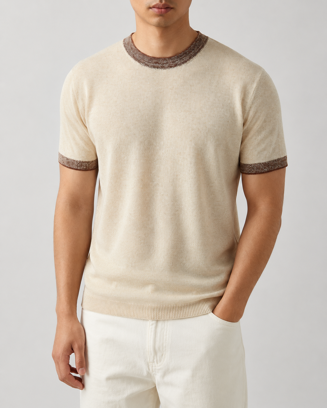 Cotton contrast knit tee shown from the front