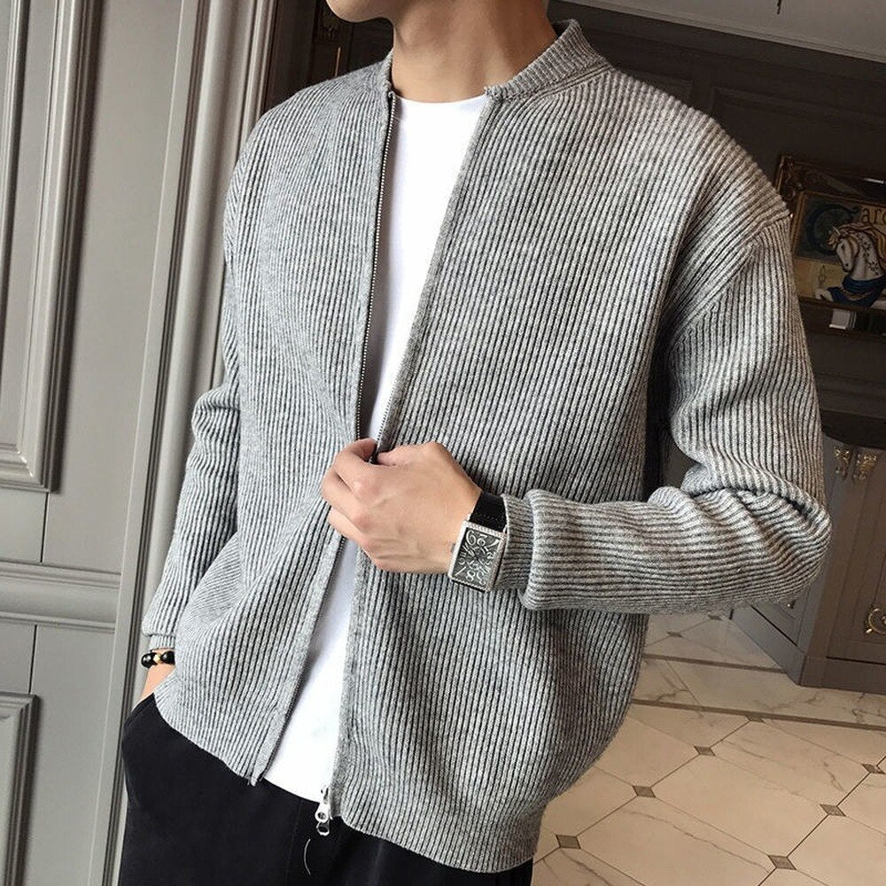 Men's classic cardigan styled as a warm layered outfit