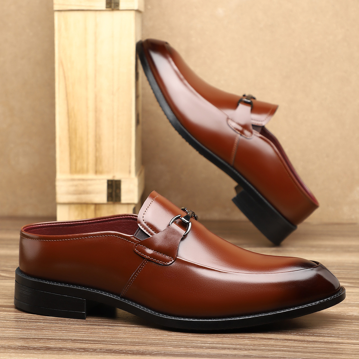 Front view of genuine leather metal-detail loafers
