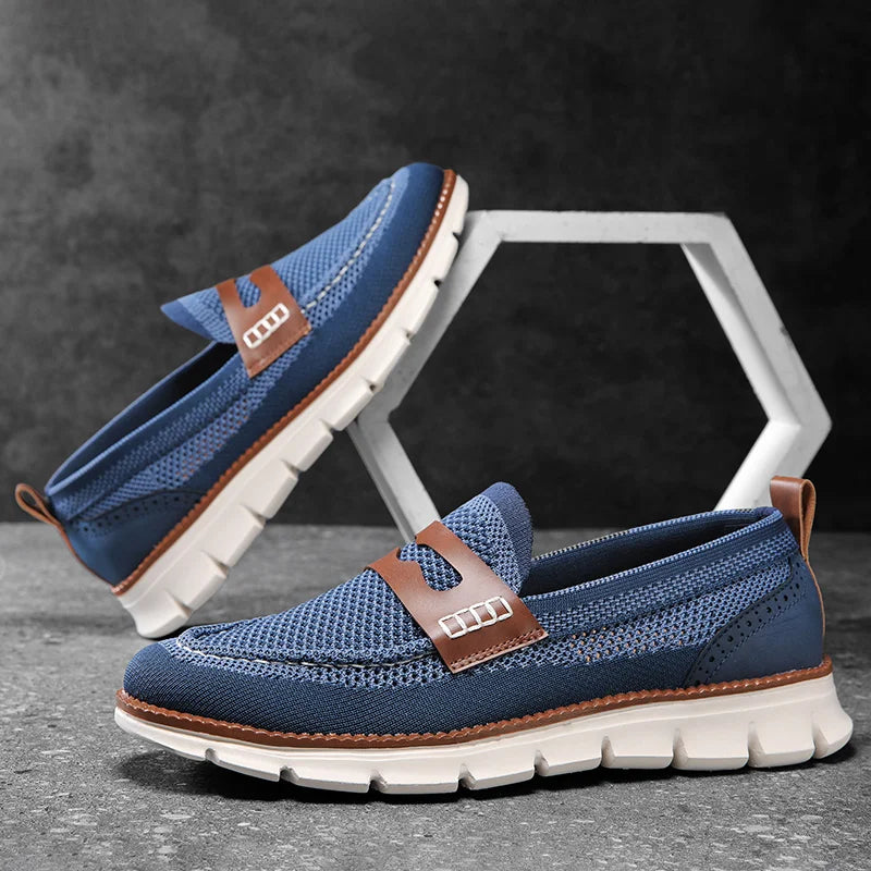 Pair of mesh penny loafers with leather trim viewed from above
