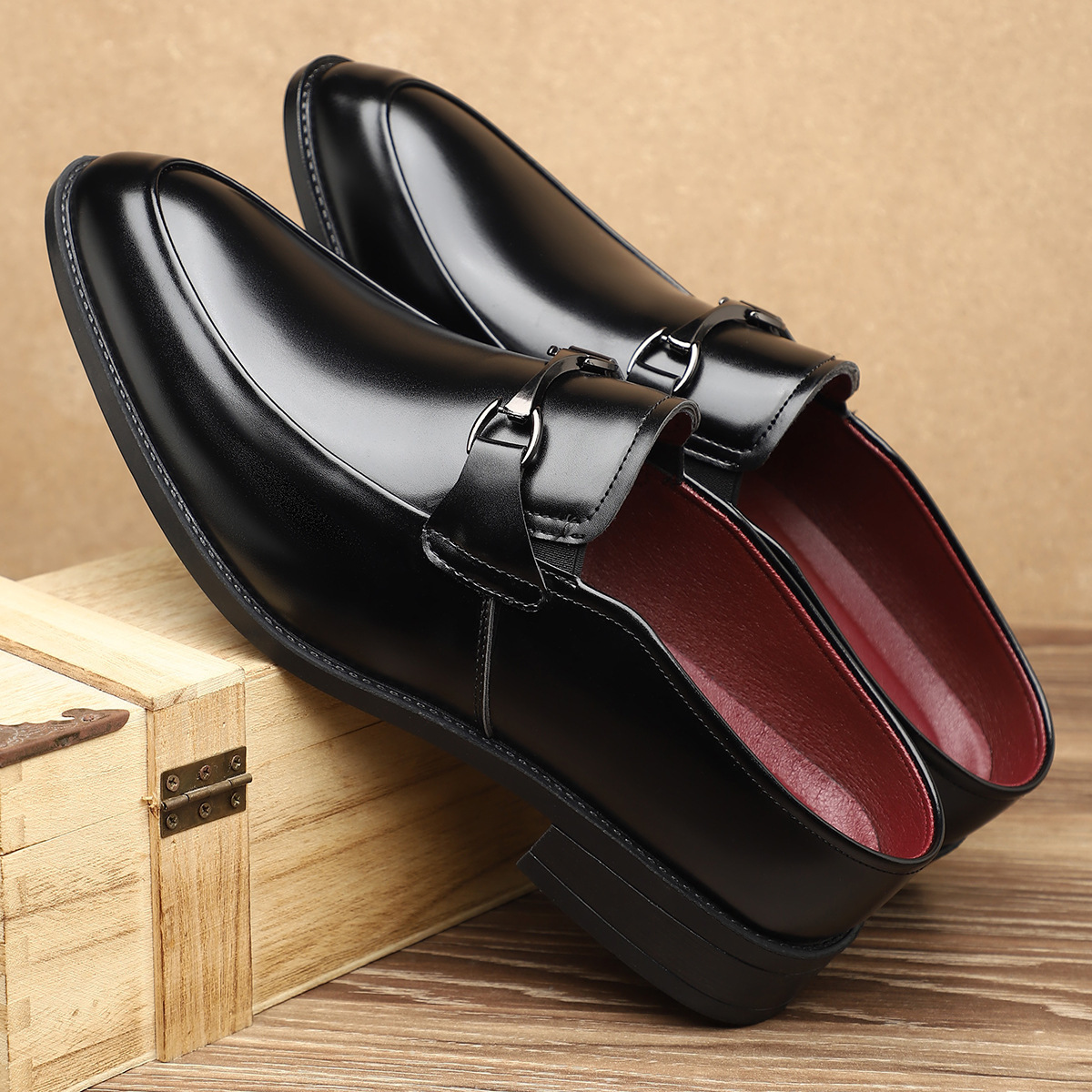 Top view of leather loafers with slip-on styling