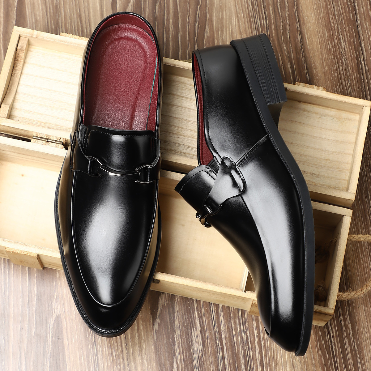 Close-up of the metal detail on genuine leather loafers