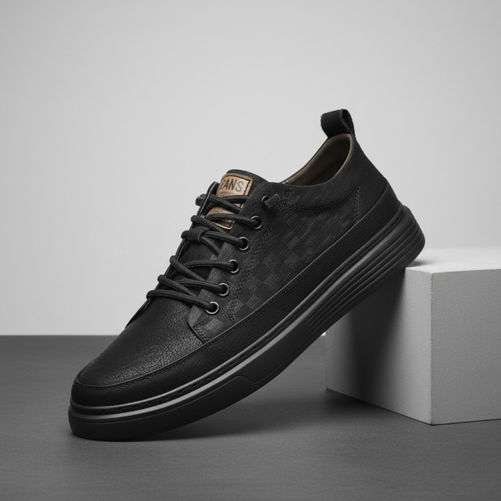 Detailed view of the leather upper and laces on men's sneakers
