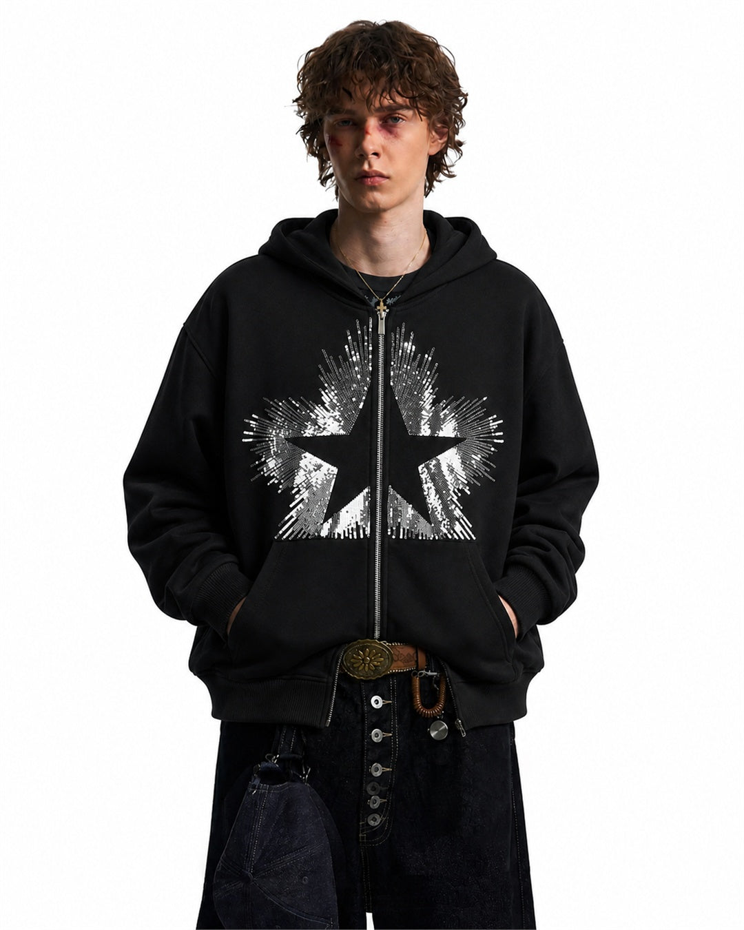 Sequin starburst zip-up hoodie shown from the front
