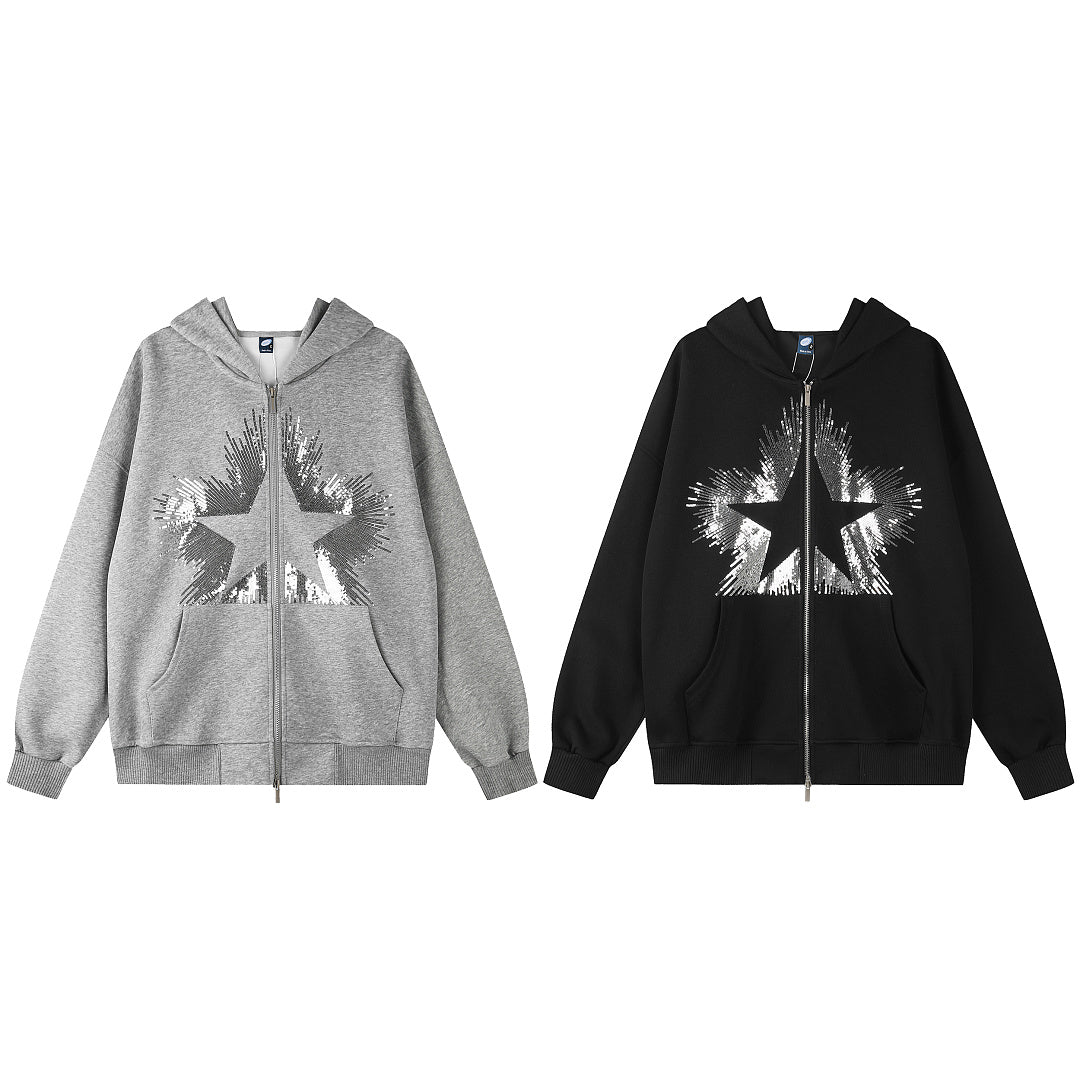 Full view of the women's zip-up sequin hoodie