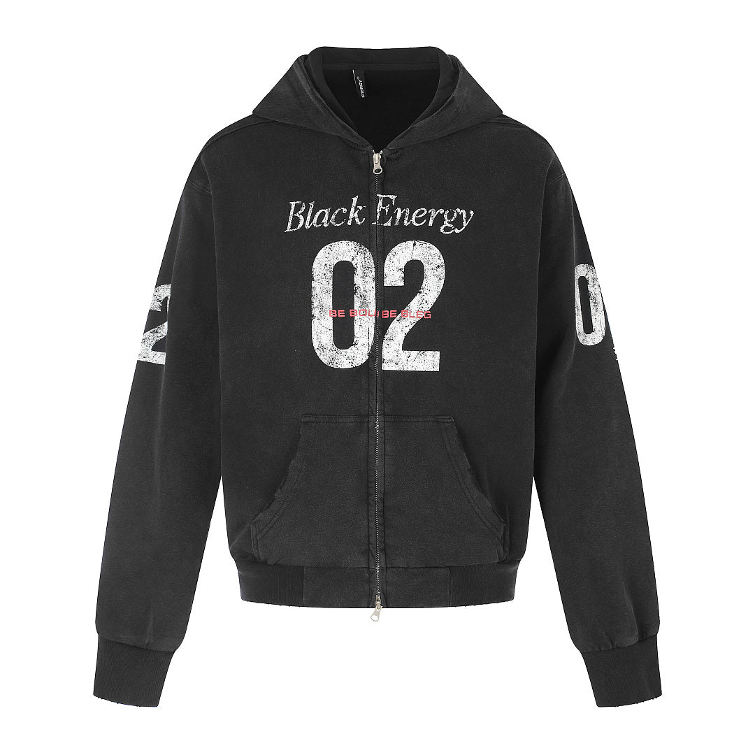 Graphic Boxy Zip Up Hoodie With Distressed Number Print