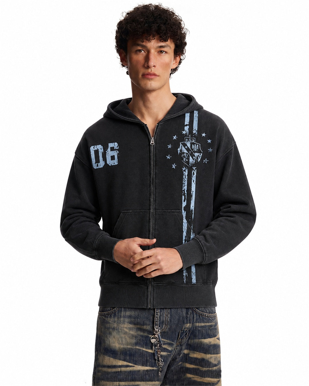 Distressed graphic zip-up hoodie displayed from the front