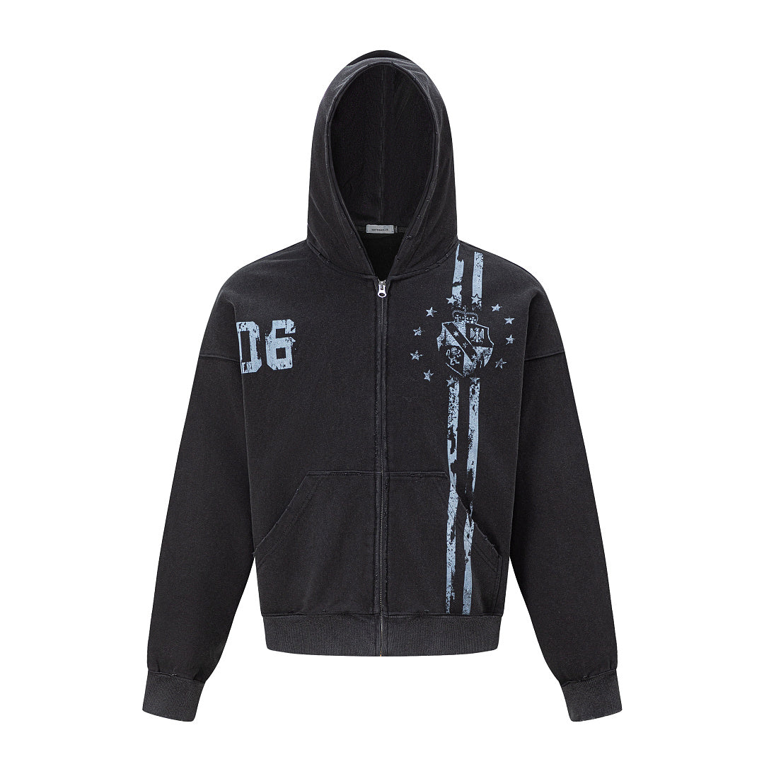 Close-up view of the distressed graphic on the hoodie