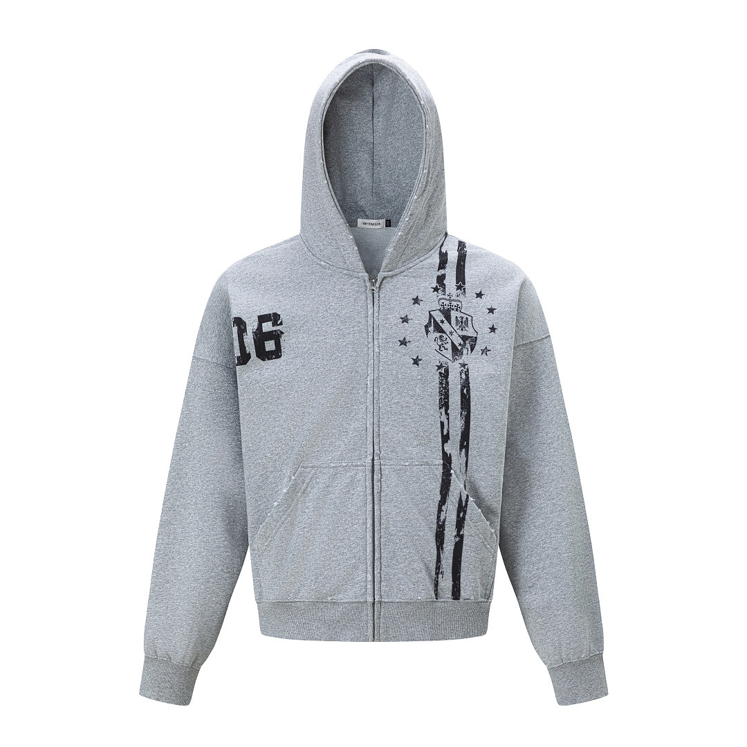 Distressed Graphic Zip Up Hoodie