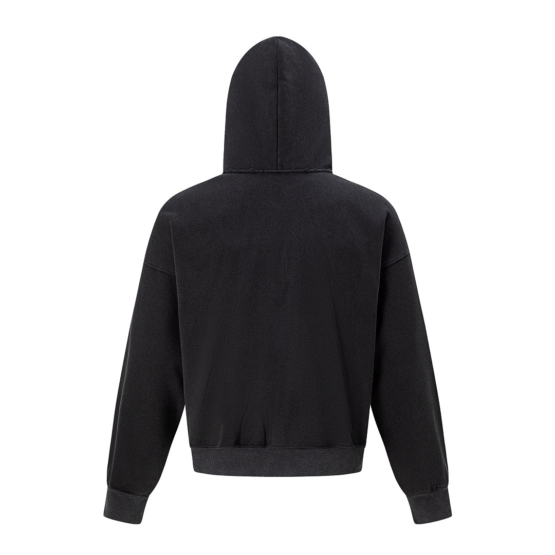 Zip-up front of the distressed graphic hoodie