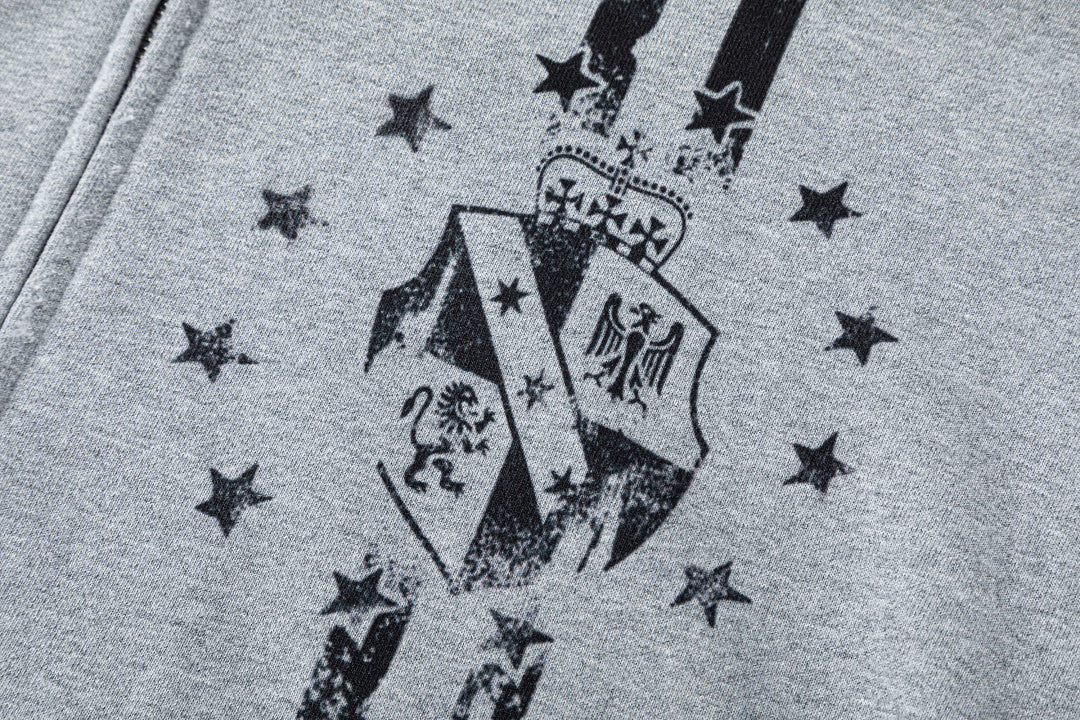 Back view of the distressed graphic zip-up hoodie