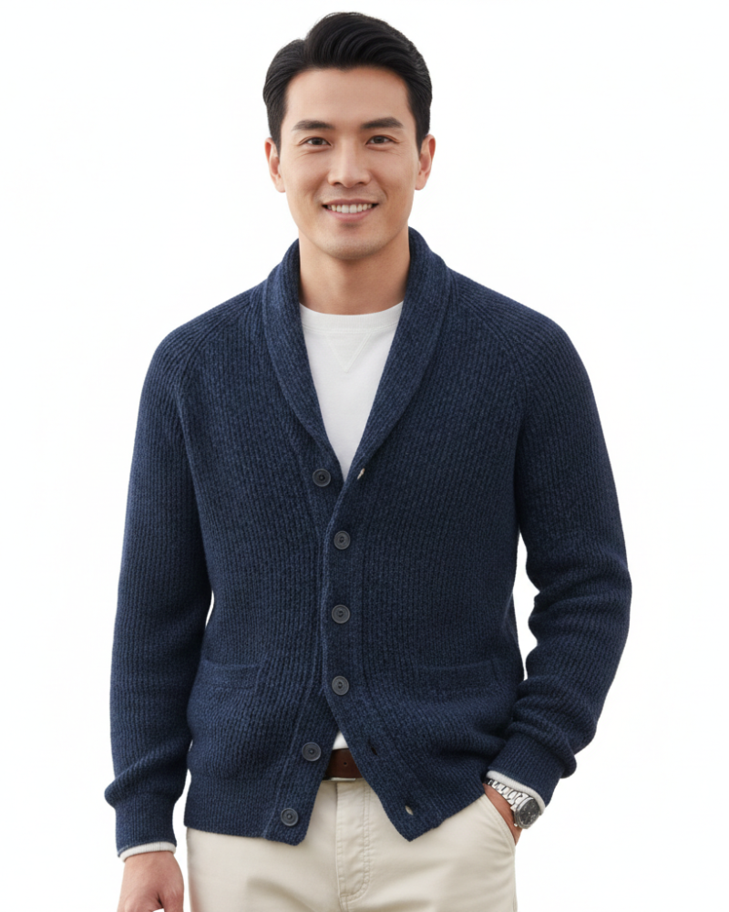 Men's striped wool cardigan styled as a versatile everyday layer