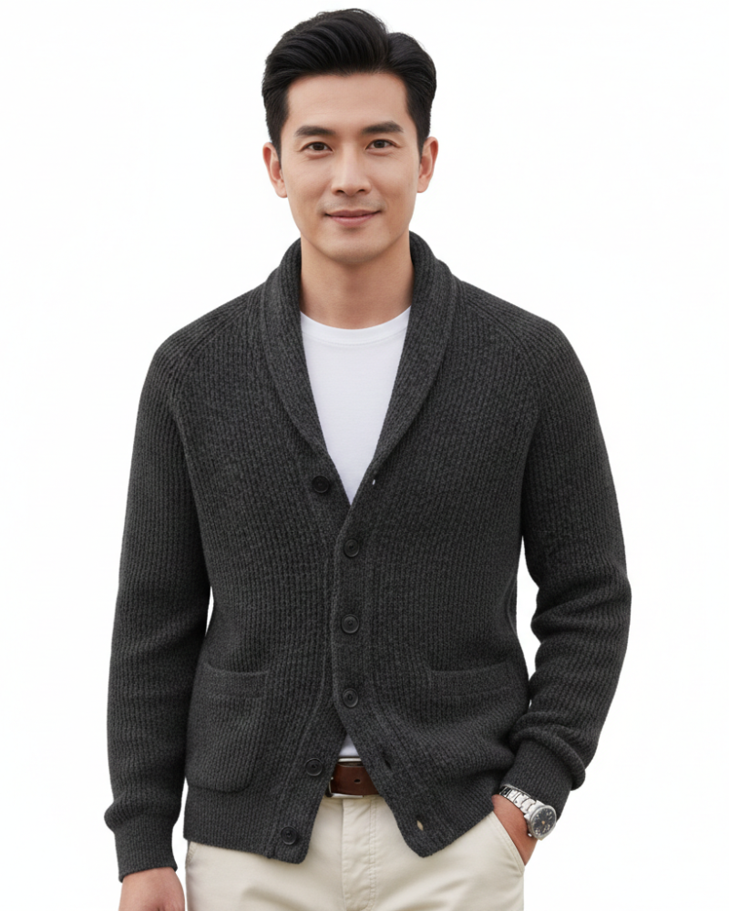 Men's striped wool cardigan with a V-neck, buttons, and front pockets