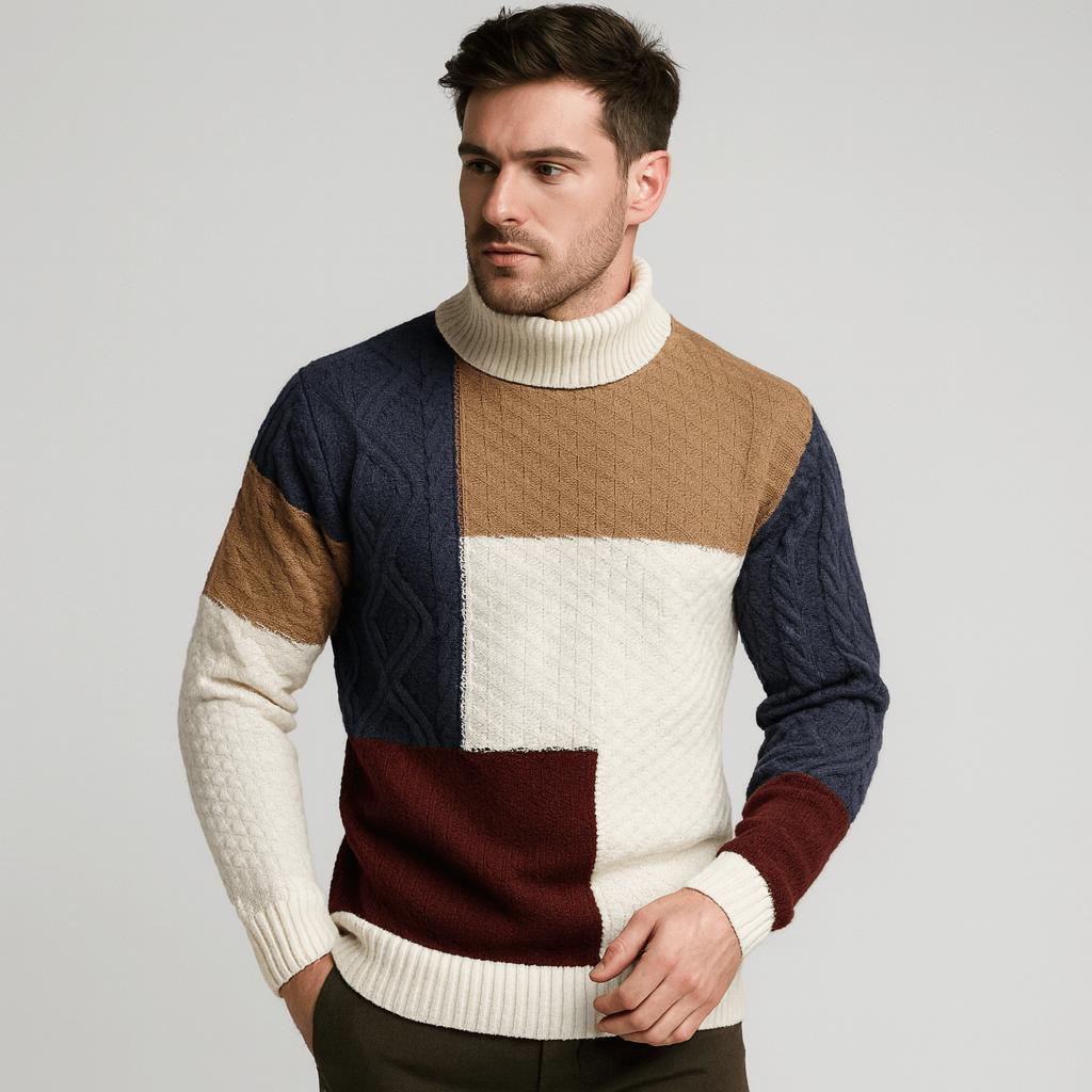 Men's lightweight turtleneck sweater with decorative patch details