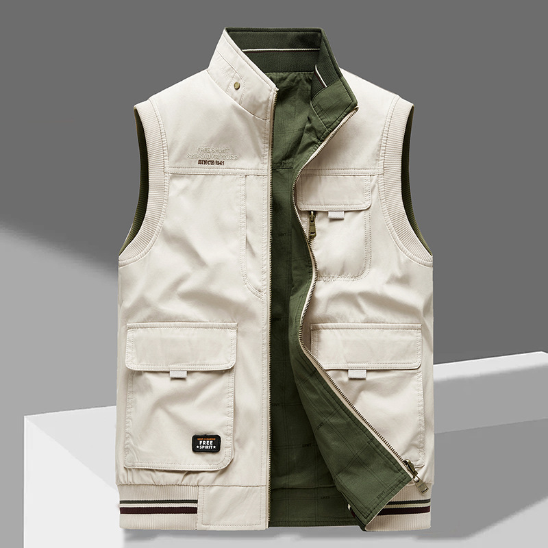 Men's outdoor utility vest shown from the front with a stand collar and practical pocket details