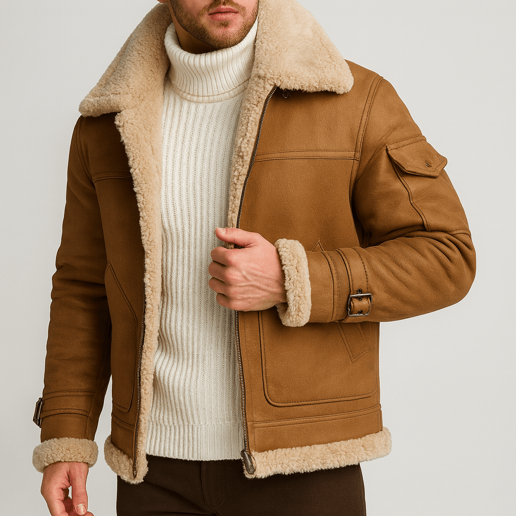 Men's leather jacket showing the front pockets and zip closure