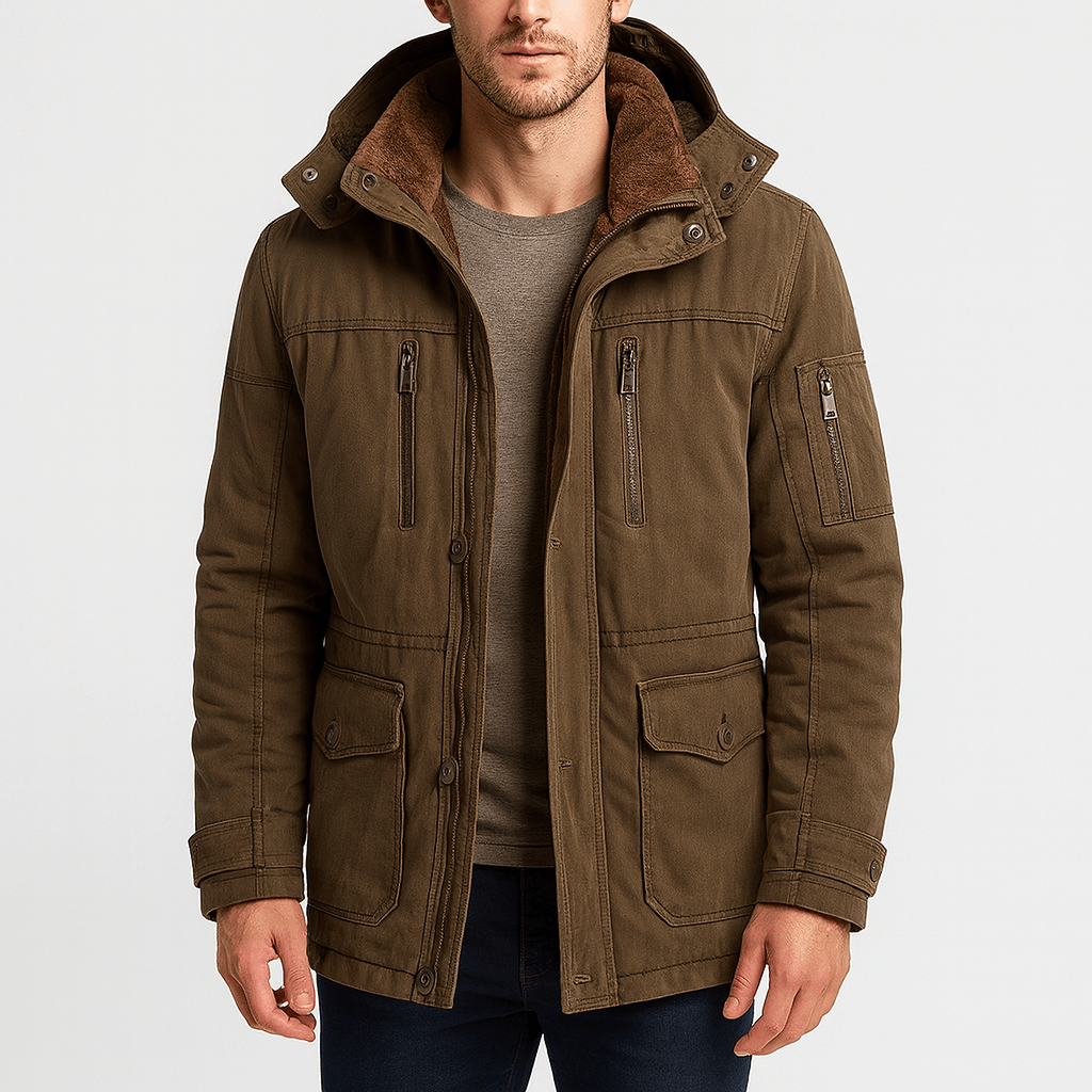 Close-up of the men's winter jacket showing its practical pocket details