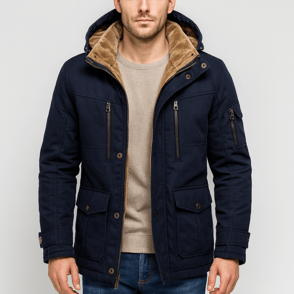 Men's cold-weather jacket displayed from the side with a warm outer layer