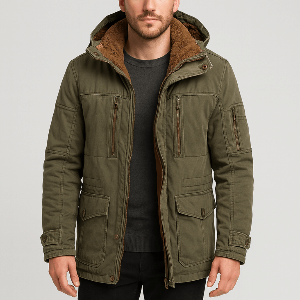 Men's warm winter jacket shown from the front with multiple pockets