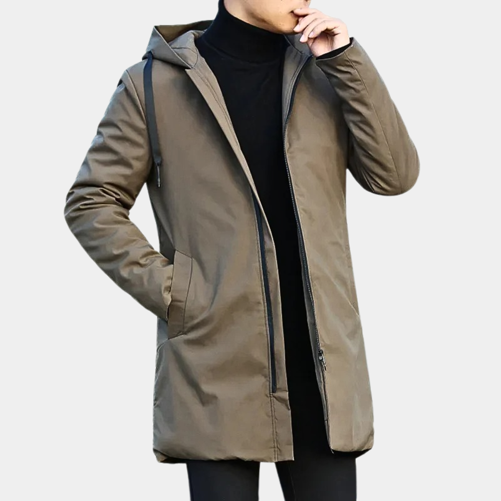 Side view of a men's lined raincoat with long sleeves