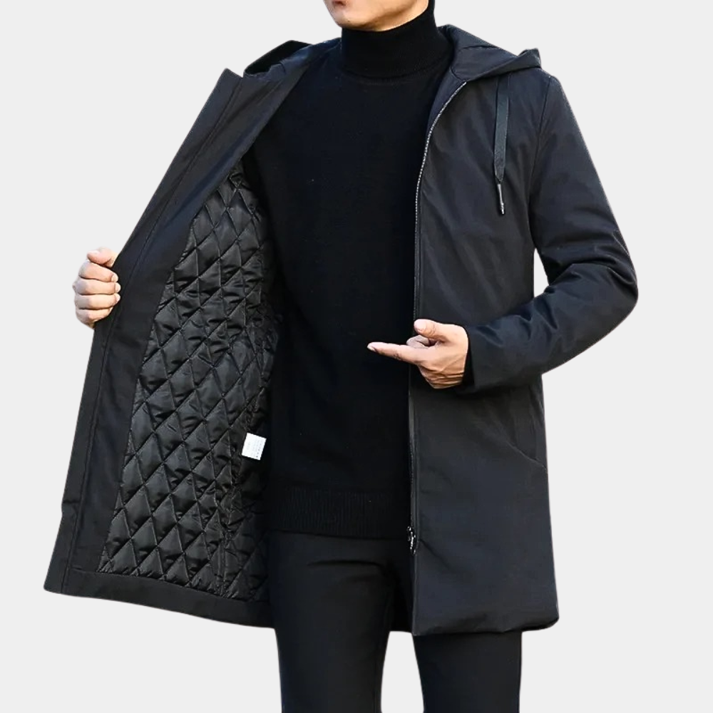 Men's lined raincoat shown from the front in a classic fit