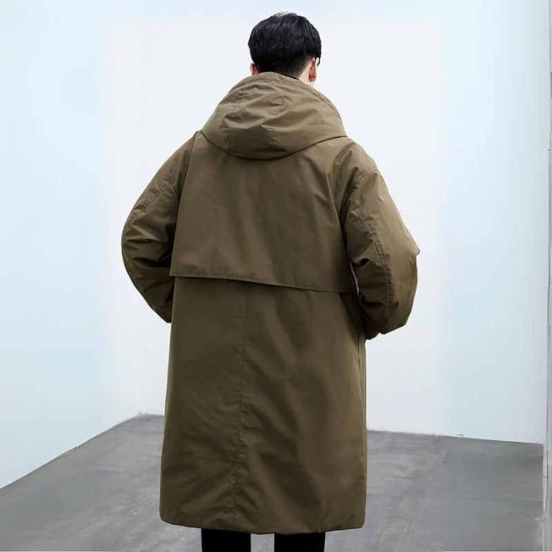 Side view of a men's long trench coat with a structured fit