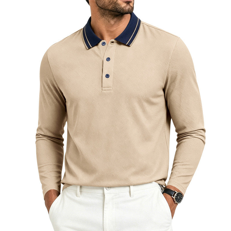 Close-up of the pique texture on a men's polo shirt